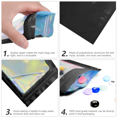 Funfery 100pcs Black Mylar Holographic Bags-Resealable Zipper&Clear Window - color: Black, size: 3.9 x 7.1 Inch