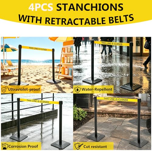 4 Pack Crowd Control Stanchions with 10FT “This Line is Closed” Belt - color: THIS LINE IS CLOSED BELT