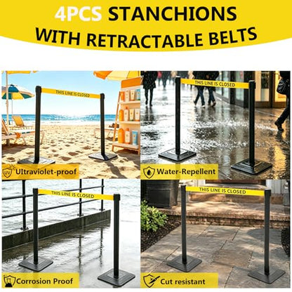 4 Pack Crowd Control Stanchions with 10FT “This Line is Closed” Belt - color: THIS LINE IS CLOSED BELT