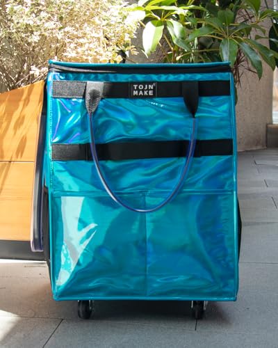 Reusable Grocery Bag with Wheels, Medium Glitter Blue Rolling Tote - color: Glitter Blue, size: Medium