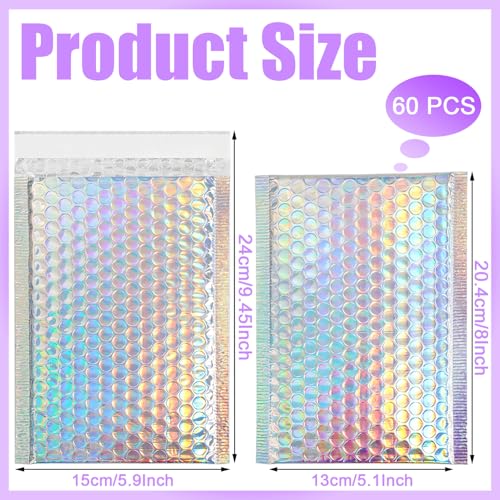 60Pcs Holographic Bubble Mailers, Metallic Poly Padded Envelopes