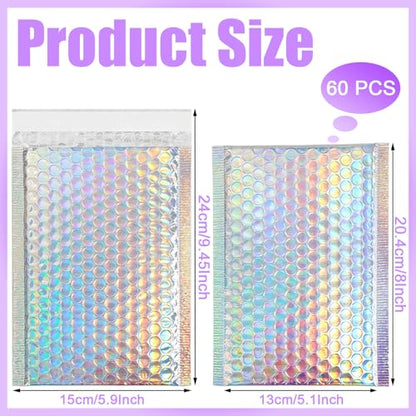60Pcs Holographic Bubble Mailers, Metallic Poly Padded Envelopes