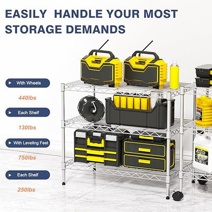 3-Tier Wire Shelf Rack,3-Shelves Metal Storage Rack with Lockable Wheels - size: 3-Tier,24"x14"x22"(WxDxH)