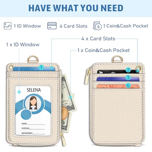Piefly Beige Lanyard Wallet with ID Badge Holder, Small Slim RFID Keychain - color: A-white