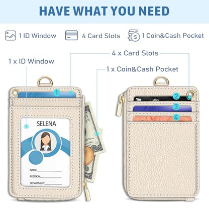 Piefly Beige Lanyard Wallet with ID Badge Holder, Small Slim RFID Keychain - color: A-white