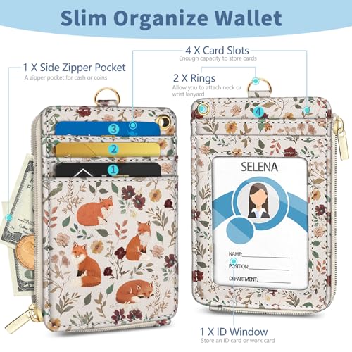 Foxes Lanyard Wallet with Id Badge Holder Keychain for Card Women - color: Foxes Flower