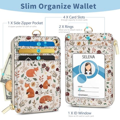 Foxes Lanyard Wallet with Id Badge Holder Keychain for Card Women - color: Foxes Flower