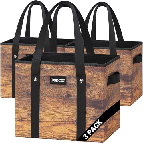 Reusable Grocery Bags - Heavy Duty Reusable Shopping Bags with Hard Bottom & Long Handles, Foldable Large Utility Tote Bag with Box Shape to Stand Up - for Kitchen, Picnic, 3 Pack, Rustic Brown - color: Wood Print, size: 3 Pack