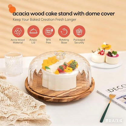 cutesun Cake Stand with Lid, 10.8'' Shatterproof Acrylic Dome (Not Glass), 11.8'' Rotating Acacia Wood Cake Display Stand for Wedding Birthday Party Dessert