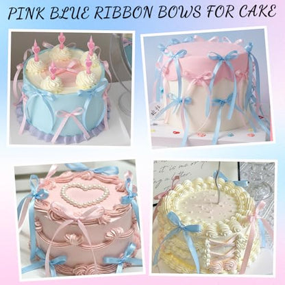 30 Pack Pink Blue Bow Cake Toppers Ribbon Bows for Cake - color: Pink, Blue