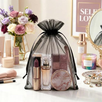 FUNFERY 100Pcs Black Organza Bags 5x7 in,Small Mesh Drawstring Gift Bag - color: Classic Black