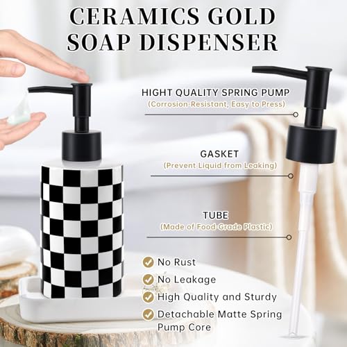 Soap Dispenser with Matte Black Pump, Ceramic Soap Dispenser Bathroom, Checkerboard Dish Soap Lotion Dispenser for Kitchen Sink, Black & White Plaid Refillable Liquid Hand Soap Bottle - color: Black & White