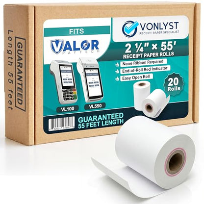 Receipt Paper Roll for Valor Paytech VL 110 and VL 500 Credit Card Machine (20 Rolls)