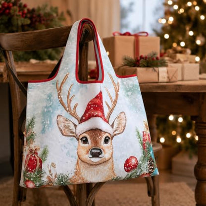 Foldable Grocery Tote Bag, Sunflower Print Shoulder Bag for Errands Travel - color: A3-christmas Reindeer