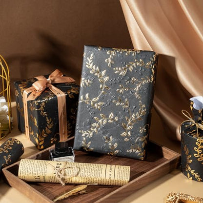 WRAPAHOLIC 3D Kraft Wrapping Paper Roll - Mini Roll - 17 Inch x 16.5 Feet - Gold and Black Leaves Design with Embossed Perfect for Birthday, Holiday, Wedding, Baby Shower - color: Black & Gold Leaves