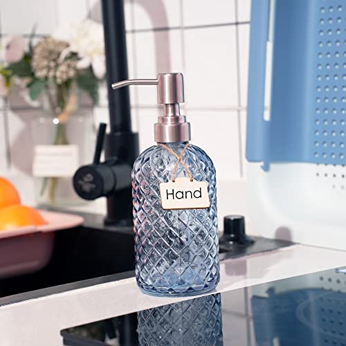 16 oz Diamond Pattern Glass Soap Dispenser, Kitchen and Bathroom Refillable Soap Dispenser with Rust Resistant Stainless Steel Pump for Hand Soap, Lotion Glass Liquid Dispenser(Blue - 2 Pack) - color: Blue-2pack
