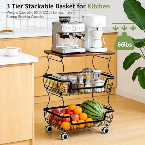Pantry Floor Organizeron with Wheels, 3 Tier Rolling Fruit Vegetable Basket for Kitchen Stackable Wire Basket Stand for Home Removable Metal Vegetable Rack Wire Snack Cart