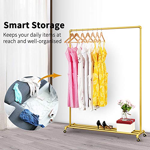 Rolling Gold Clothing Racks on Wheels, Retail Display Industrial Pipe Clothing Racks for Hanging Garment Racks for Boutiques, Home - size: 47"W X 63"H X 13.8"D