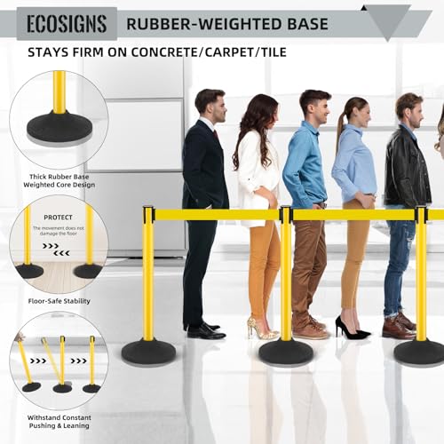 ECOSlGNS 6 Pack Stanchions with 10ft Retractable Belts - Yellow Stanchion Posts Set Crowd Control Barriers Line Dividers with Weighted Rubber Base & Sign Holders for Queue Management - color: Yellow, size: Round Base - 6 Pack
