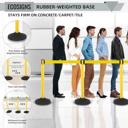ECOSlGNS 6 Pack Stanchions with 10ft Retractable Belts - Yellow Stanchion Posts Set Crowd Control Barriers Line Dividers with Weighted Rubber Base & Sign Holders for Queue Management - color: Yellow, size: Round Base - 6 Pack