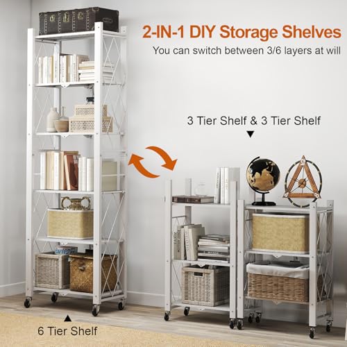 6-Tier Foldable Storage Shelves with Wheels, Folding Metal Shelf Unit - color: White, size: 6 Tier