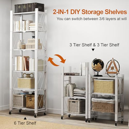6-Tier Foldable Storage Shelves with Wheels, Folding Metal Shelf Unit - color: White, size: 6 Tier