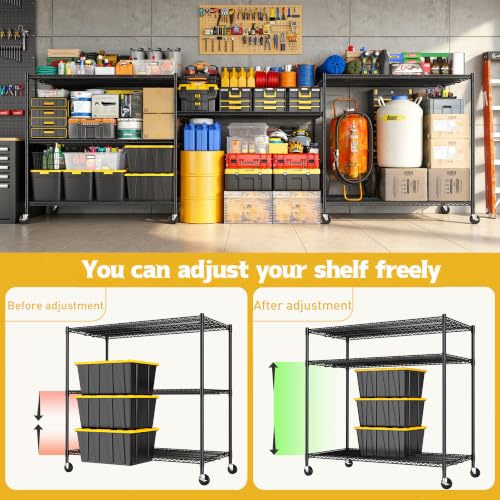 REIBII 3-Tier Heavy Duty Metal Shelving Unit，Garage Shelving with Wheels - size: 59''W X 24'' D X 58'' H