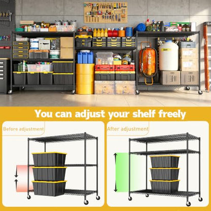 REIBII 3-Tier Heavy Duty Metal Shelving Unit，Garage Shelving with Wheels - size: 59''W X 24'' D X 58'' H