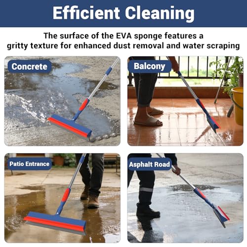 Floor Squeegee for Concrete Floor, 15.8" Large Heavy Duty Squeegee for Floor with 60" Adjustable Handle, 2-in-1 Silicone & EVA Blade for Garage,Concrete,Tile,Bathroom,Window Glass Cleaning