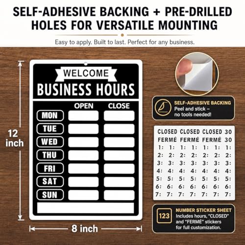 Business Hours Sign with Open Closed Sign for Business Store Hours Sign for Glass Door Window with Vinyl Stickers for Office Restaurant Retail Store Salon Gymnastics Studio 12 x 8 in