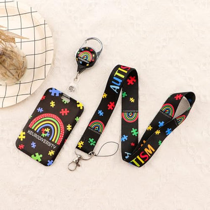 Lanyard with Retractable Reel Clip & Badge Holder for Autism Cards IDs - color: Neurodiversity