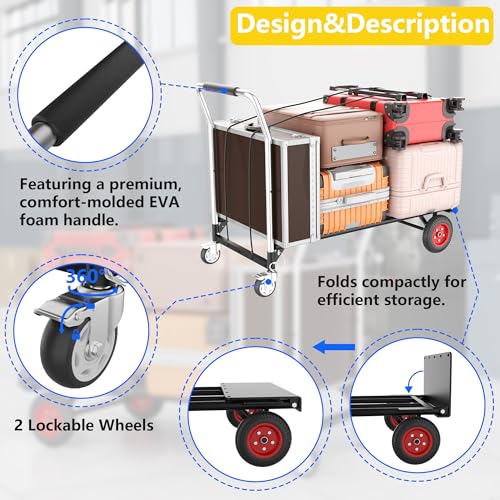 Hand Truck Dolly Heavy Duty, 2 in 1 Convertible Hand Truck and Dolly with 10" Flat-Free Wheels & Brakes, 600LBS Capacity, Includes Elastic Straps for Moving, Warehouse, Garden, Office Use, Black