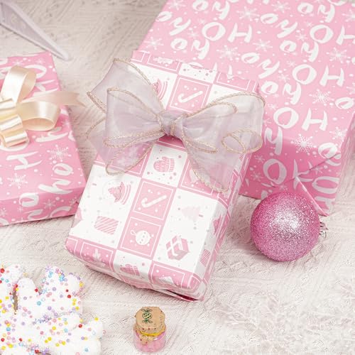 Ulmasinn Reversible Christmas Wrapping Paper Pink Mini Roll 17 Inches X 33 Feet for Girls Kids,printed with “Ho Ho” and Pink Holiday Collection Design for Festivals, Parties, Celebrations - color: Christmas Pink