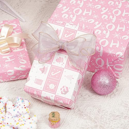 Ulmasinn Reversible Christmas Wrapping Paper Pink Mini Roll 17 Inches X 33 Feet for Girls Kids,printed with “Ho Ho” and Pink Holiday Collection Design for Festivals, Parties, Celebrations - color: Christmas Pink