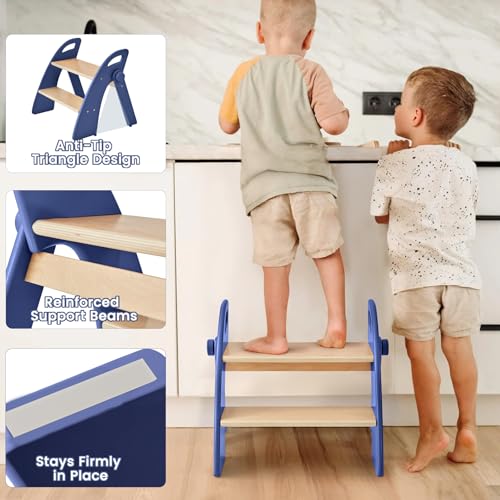 Step Stool for Toddlers, Foldable Wooden 2 Step Stool, Toddler Step Stool for Bathroom Sink & Potty Training, Kitchen Helper with Handles and Non-Slip Pads - color: Dark Blue