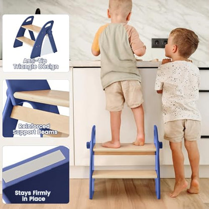 Step Stool for Toddlers, Foldable Wooden 2 Step Stool, Toddler Step Stool for Bathroom Sink & Potty Training, Kitchen Helper with Handles and Non-Slip Pads - color: Dark Blue
