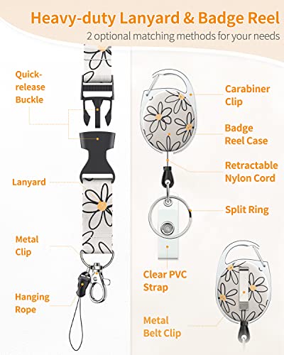 Uniclife 2 Pack Floral Sliding Badge Holder Flower Leaves Plastic Case with Retractable Badge Reel Carabiner Clip and Detachable Lanyard Strap Hard Vertical Card Protector for Women Nurse Teacher - color: Flower & Leaf