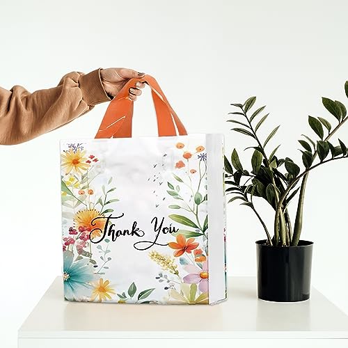 50 Count 9.8'' x 11.8'' Plastic Merchandise Thank You Bags, Retail Bags with Handle for Customers Parties Favors Goodies - Flower 1 - color: White