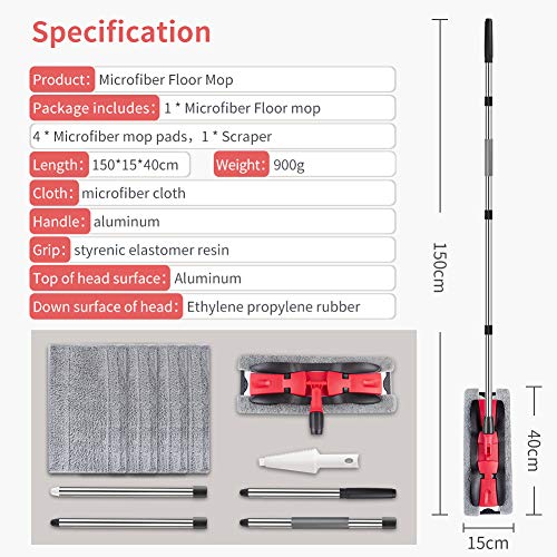 Microfiber Mops for Floor Cleaning: Hardwood Floor Mop 4 Washable Pads - color: Red