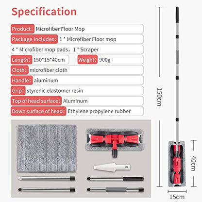 Microfiber Mops for Floor Cleaning: Hardwood Floor Mop 4 Washable Pads - color: Red