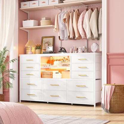 EnHomee Dresser for Bedroom with LED Lights & Charging Station - color: White