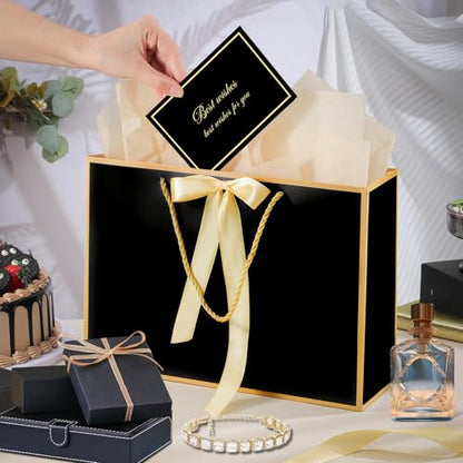 woric Black Gift Bags with Handles, 14" Medium Gift Bag with Tissue Paper - color: Black