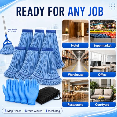 3 Pack Commercial Mop Heads with Mesh Laundry Bag & 16 Disposable Gloves - size: 3 Pack