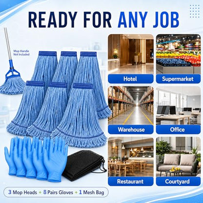 3 Pack Commercial Mop Heads with Mesh Laundry Bag & 16 Disposable Gloves - size: 3 Pack