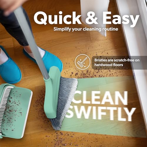 BLACK+DECKER Butler Broom & Dustpan Set - Short Handle, Stand-Up Design - Lightweight, Space-Saving Combo for Kitchen, Living Room, Bathroom, Lobby Floors - Home Cleaning Essential, Teal/Grey