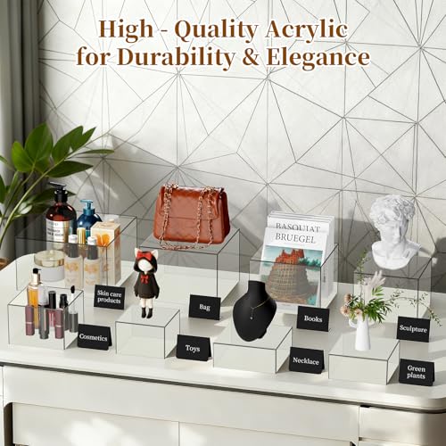 6 PCS 12" to 6.8" Clear Buffet Risers with Mini Sign and Makers, Large Food Risers for Buffet Table, Display Shelf Stands for Party, Catering, Dessert, Jewelry Collectibles, Nesting Cube Boxes with Hollow Bottoms Set (12",10",9",8",7.5",6.8")