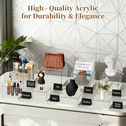 6 PCS 12" to 6.8" Clear Buffet Risers with Mini Sign and Makers, Large Food Risers for Buffet Table, Display Shelf Stands for Party, Catering, Dessert, Jewelry Collectibles, Nesting Cube Boxes with Hollow Bottoms Set (12",10",9",8",7.5",6.8")