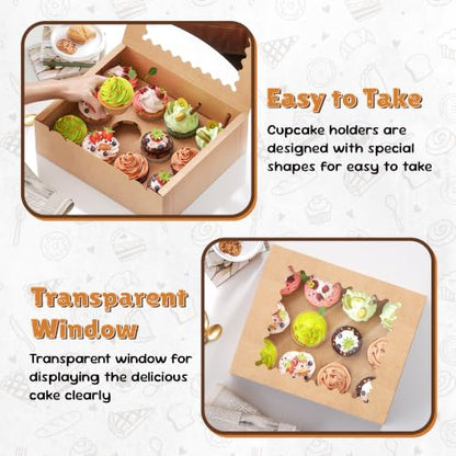 RYDDOY 4 Pack Brown Cupcake Boxes, Hold 12 Count Cupcake, Cupcake Carriers - color: Brown