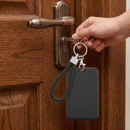 ID Card Badge Holder Key Chain with Metal Keyring, Plastic Slide Open with ID Window for Women Men Girls Students - color: Pure Black