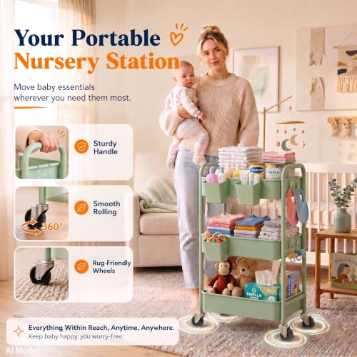 3 Tier Rolling Storage Cart Metal with Wheels,Sage Green Diaper Caddy Carts - color: Sage Green, size: 3 Tier + Cups + Hooks